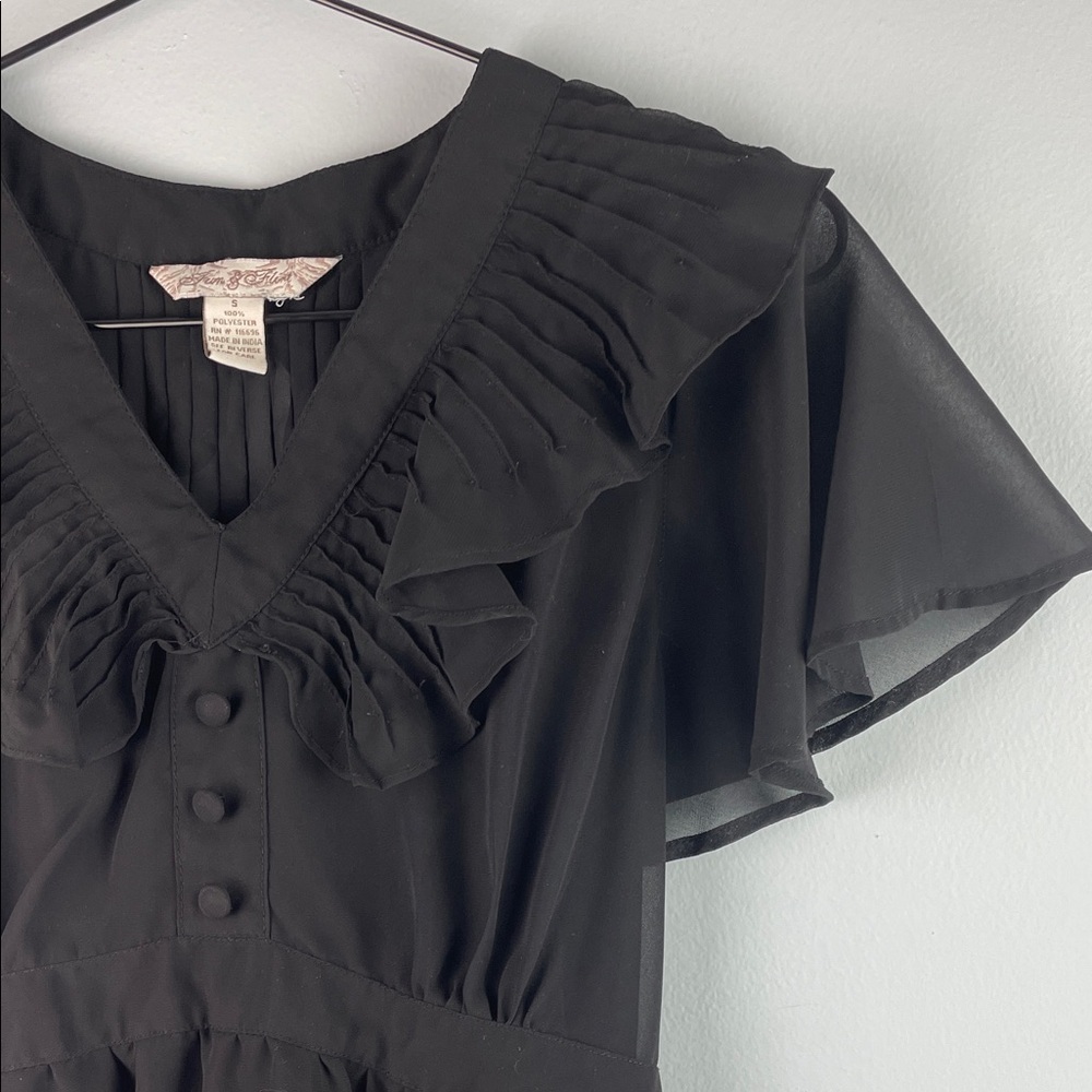 Fun & Flirt Black Ruffled V-Neck Chiffon Blouse Size S